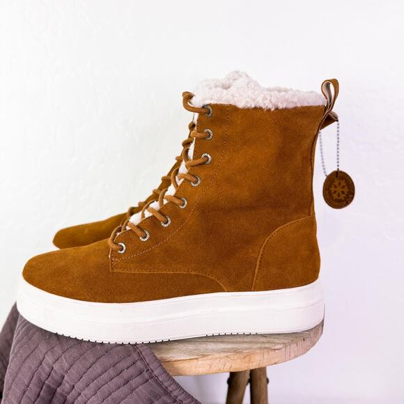 J/Slides Torrie Fleece Lined Water Resistant Platform Boots Cognac Size 10 NWT - Picture 3 of 11